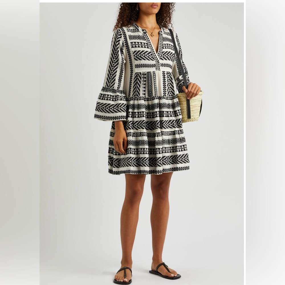 Devotion Twins Ella Short Dress Size XS 100% Cotton Black Off-white Boho Tiered